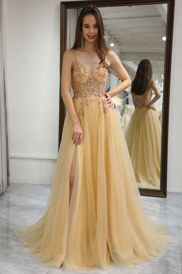 Golden Tulle A Line Corset Prom Dress with Beading